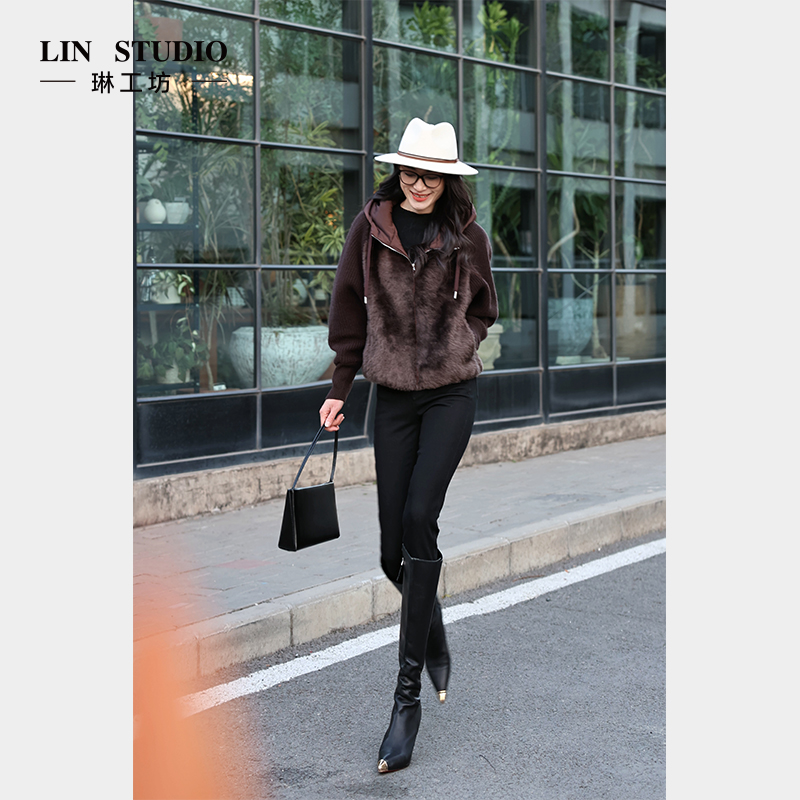 【95级别白鹅绒 羊毛皮】琳工坊函绒咖色拼接羽绒服气质唐琳设计师