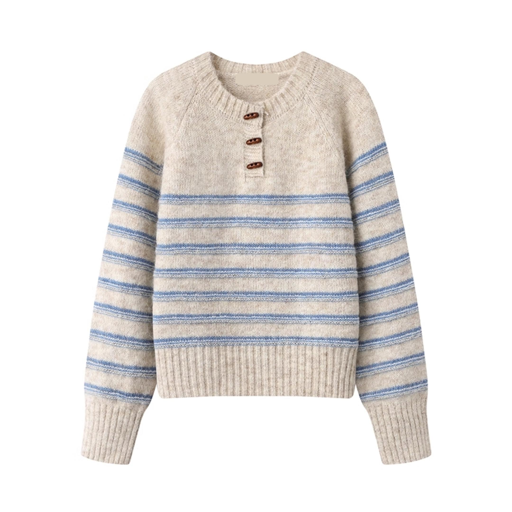 大码复古牛角扣条纹打底针织衫女秋冬胖MM显瘦宽松百搭设计感上衣