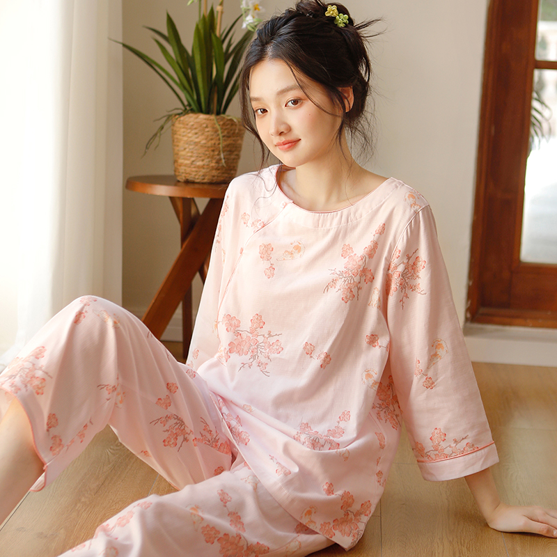 【锦韵花照】春夏纯棉女士睡衣圆领套头新中式薄款七分袖九分裤套装