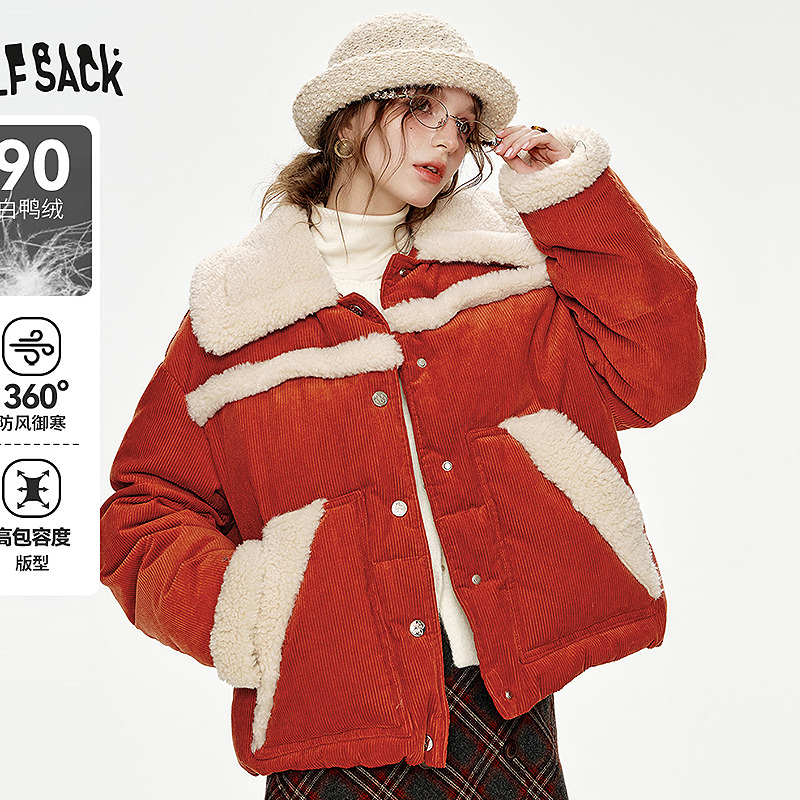 【夏夏】妖精的口袋圣诞篝火红色毛绒拼接羽绒服女2024冬