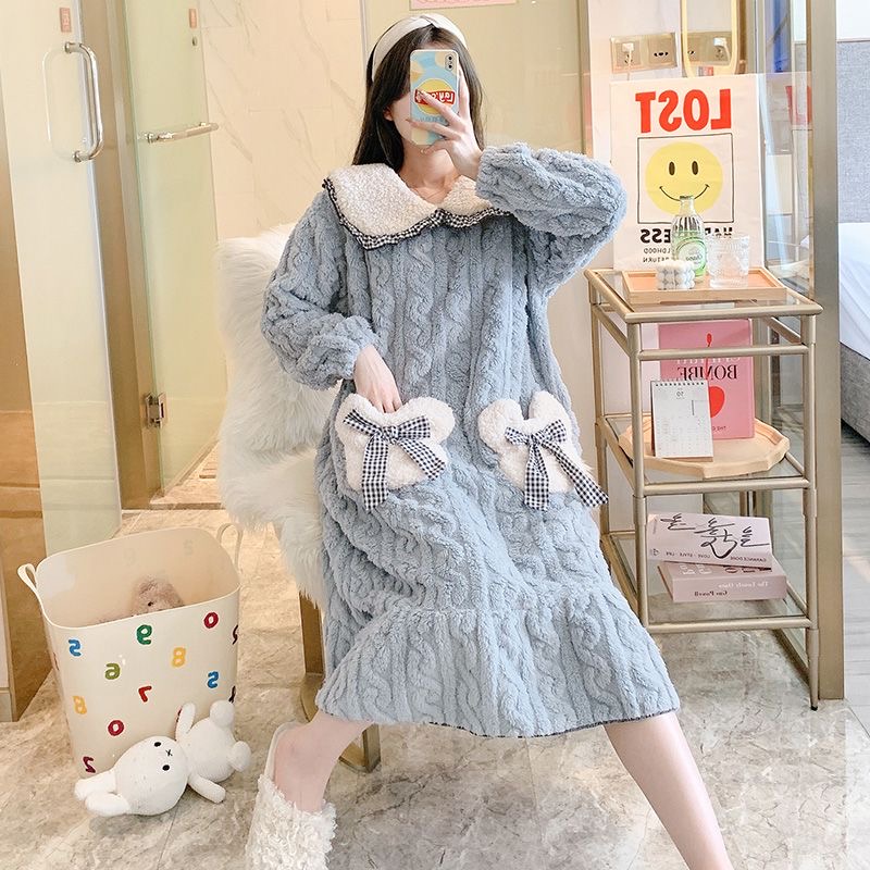 珊瑚绒女加绒加厚秋娃娃领可爱家居服蓝色睡裙格子蝴蝶结