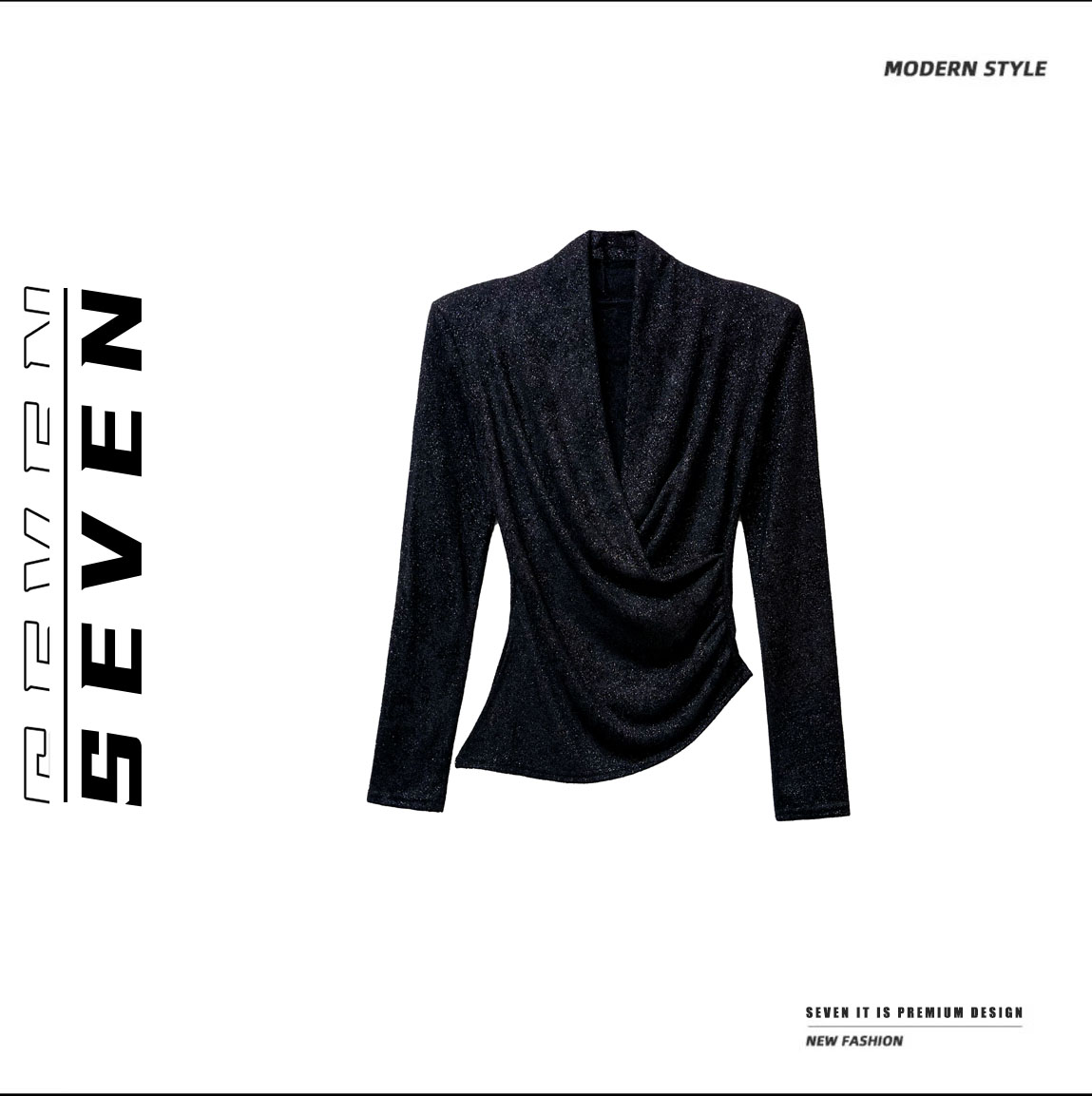 SEVEN【银河系】高级感时尚交叉V领下摆不规则小众设计感上衣