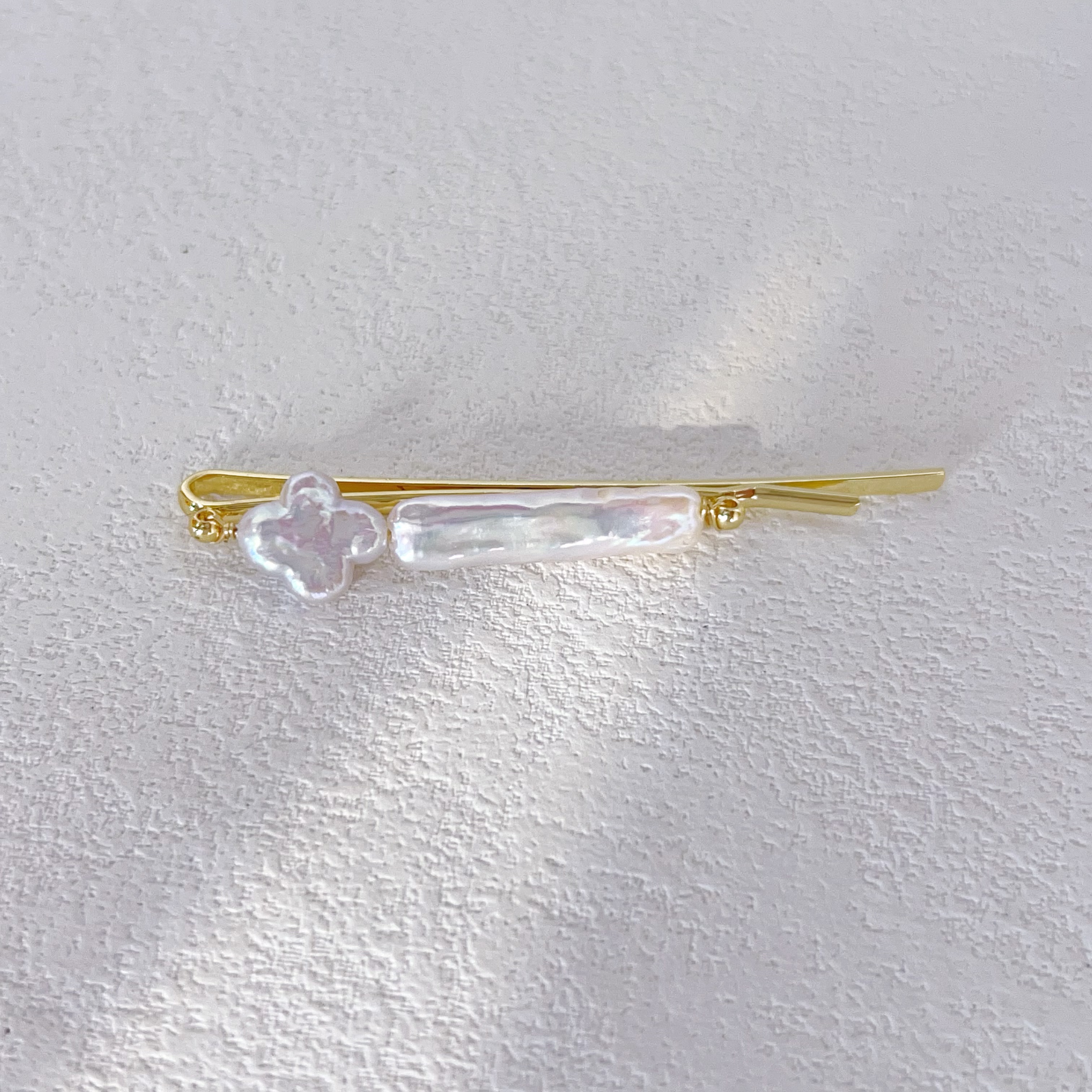 天然淡水银条+四叶草巴洛克珍珠发夹 发卡 刘海夹侧边夹真珍珠 
