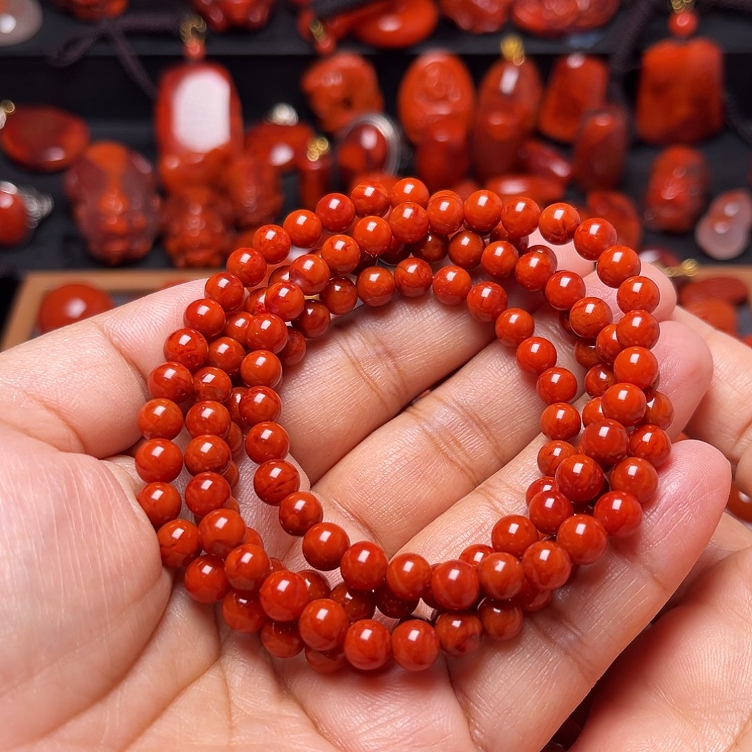 南红玛瑙未镶嵌配饰火焰纹圆珠长串6.5mm