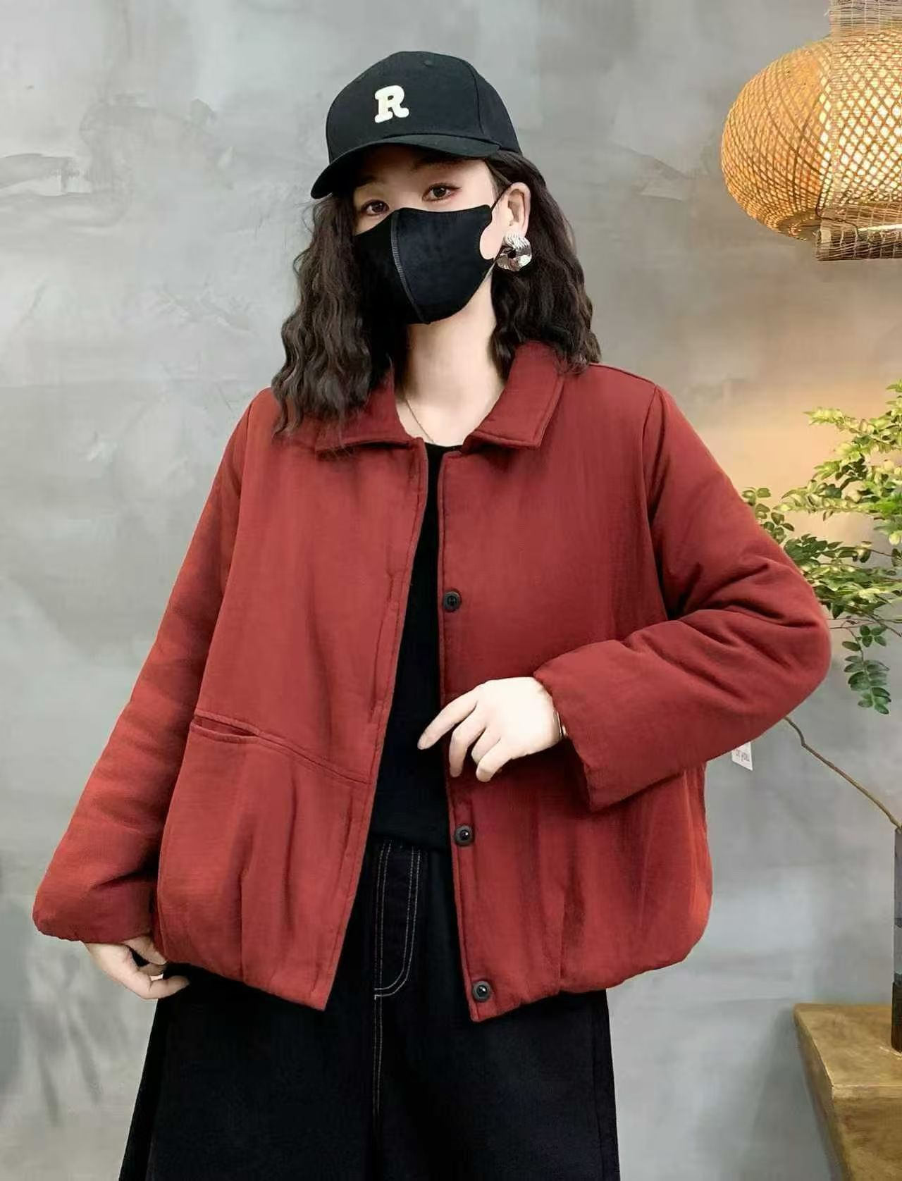 2025冬新款休闲纯色大口袋短款女士薄棉衣显瘦宽松减龄夹棉外套