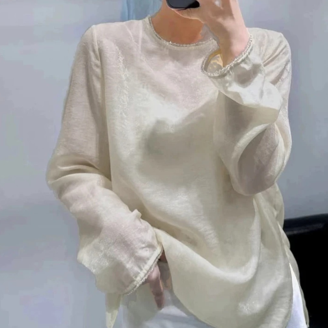 2226国潮中式复古纯色穿珠珠光薄款打底衫卿