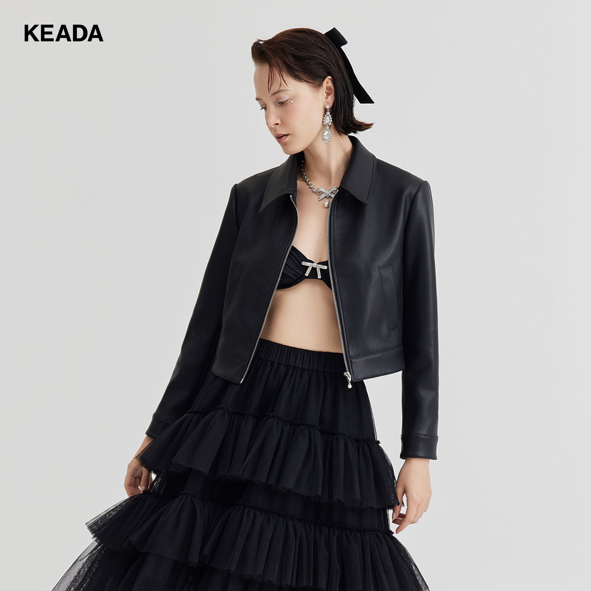 KEADA酷飒机车服长袖翻领黑色夹克短外套机车服KSN3JK1615