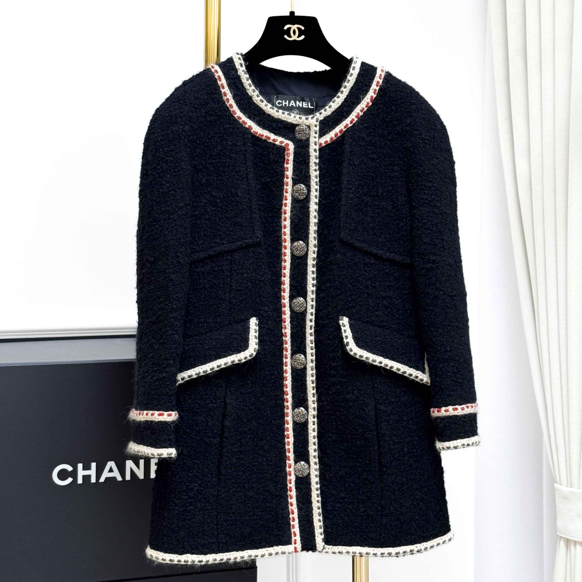 99新 Chanel/香奈儿 38码汉堡系列红蓝滚边黑色粗花呢长袖外套 