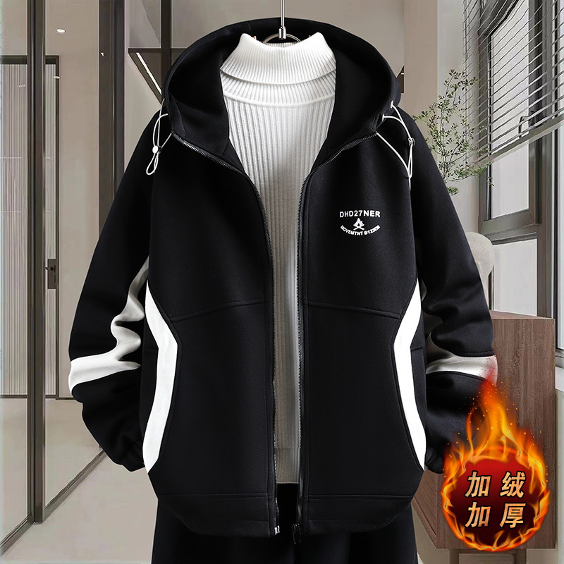 新款冲锋衣秋冬季青少年外套宽松学生拼接连帽加绒加厚夹克男装