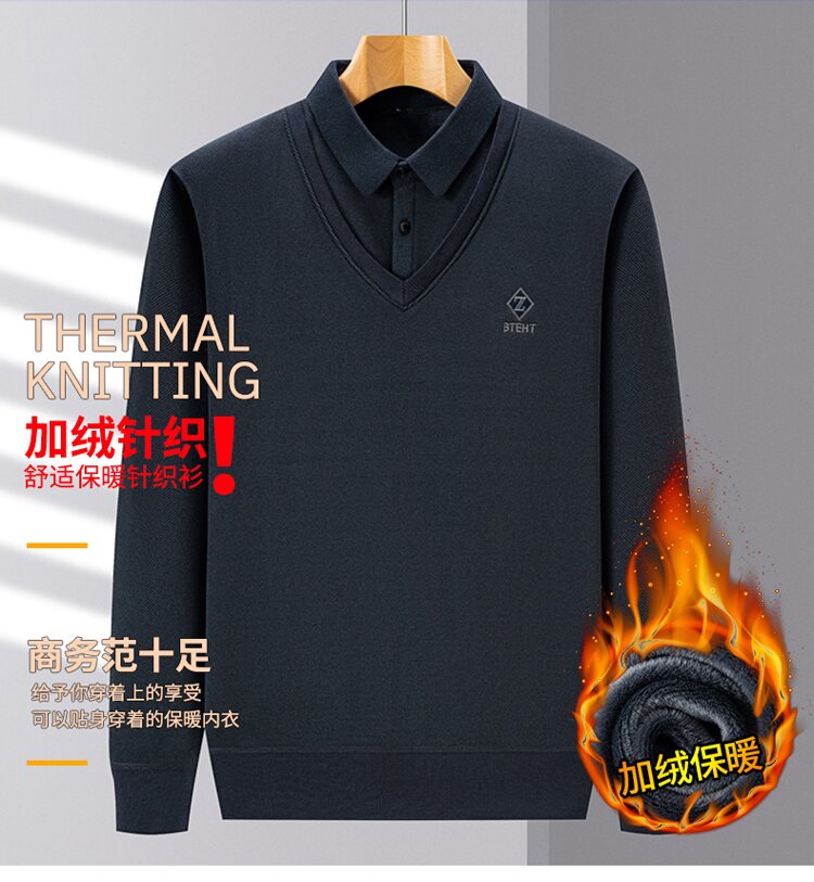 培蒙2025冬季上新新款超柔绵羊毛加绒加厚休闲商务男士假两件毛衣