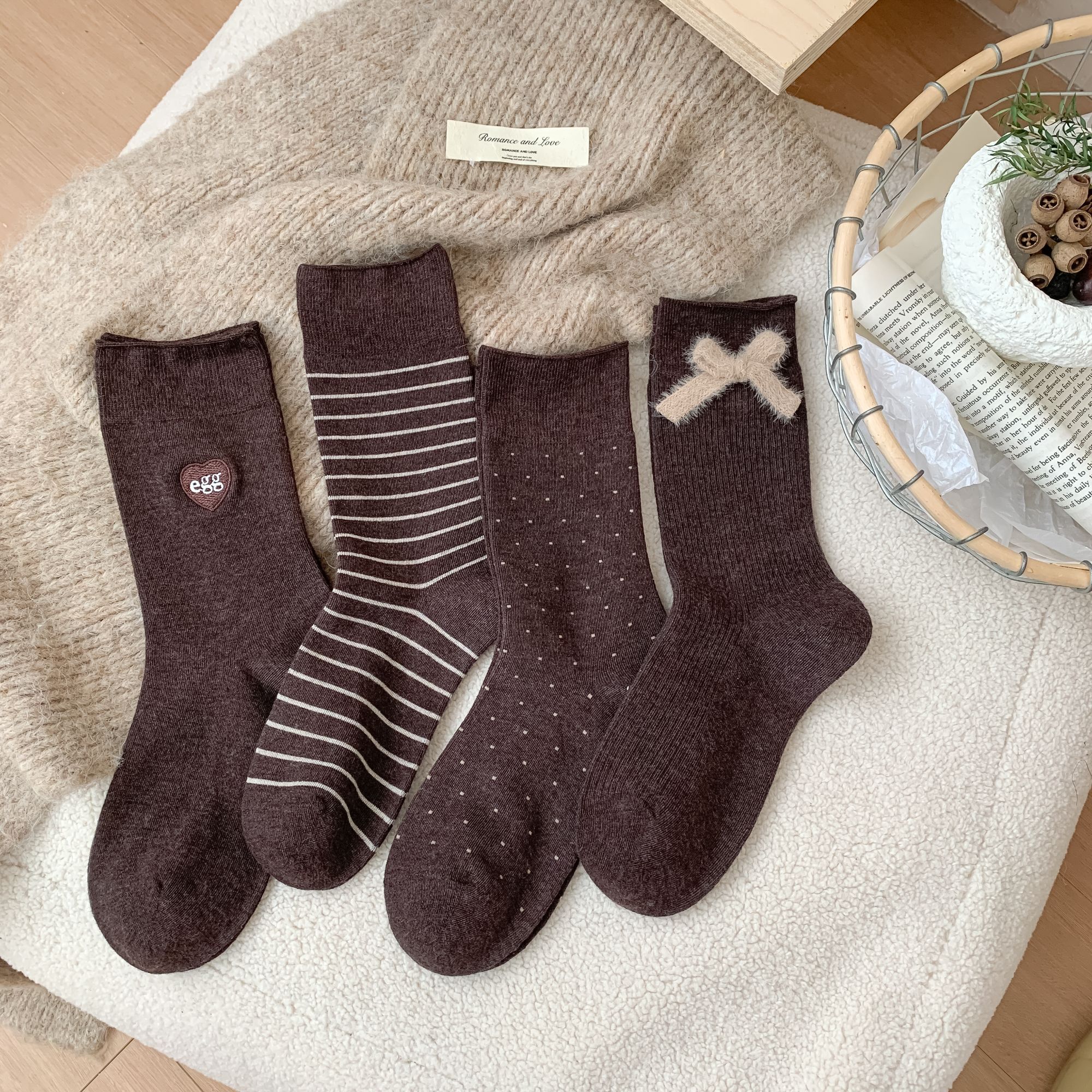 【cici socks】咖色系条纹秋季美拉德色系中筒袜复古蝴蝶结绵羊毛袜