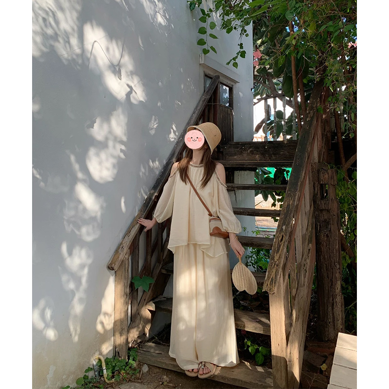 陳文文xeml【普罗旺斯】夏季波西米亚风露肩上衣休闲裤两件套女