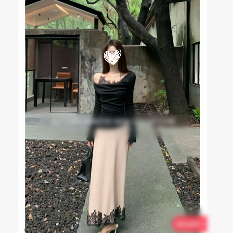 蕾丝上衣露肩修身一字肩长袖打底衫半身裙两件套女秋冬套装00726