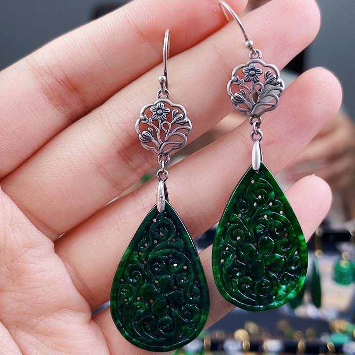 翡翠耳饰银S925镶嵌饰品