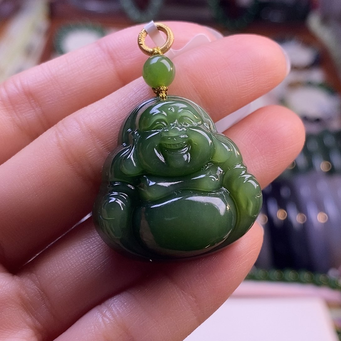 颈饰未镶嵌和田玉毕业级老坑料碧玉18.k佛公吊坠