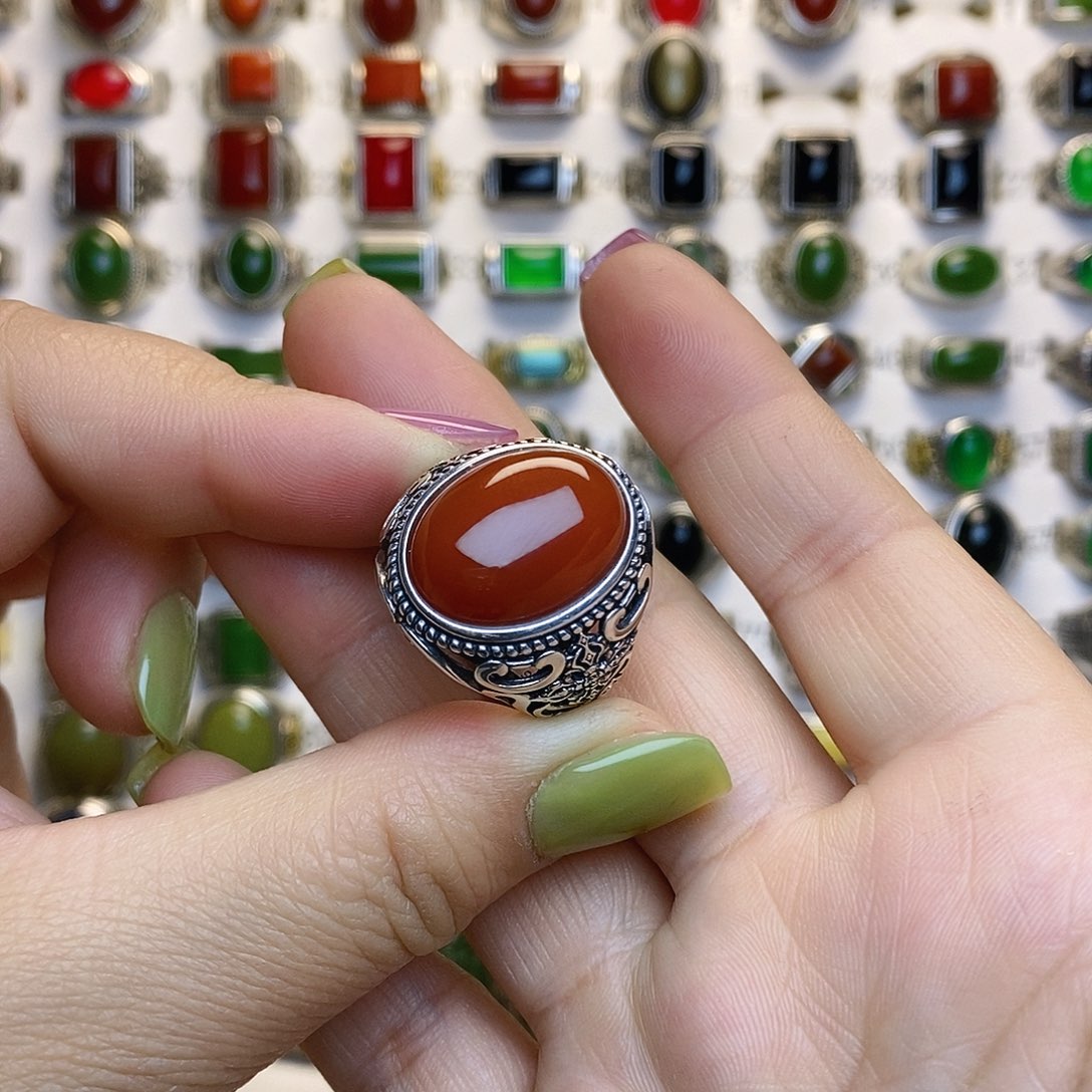 玛瑙/玉髓戒指银S925镶嵌往**线