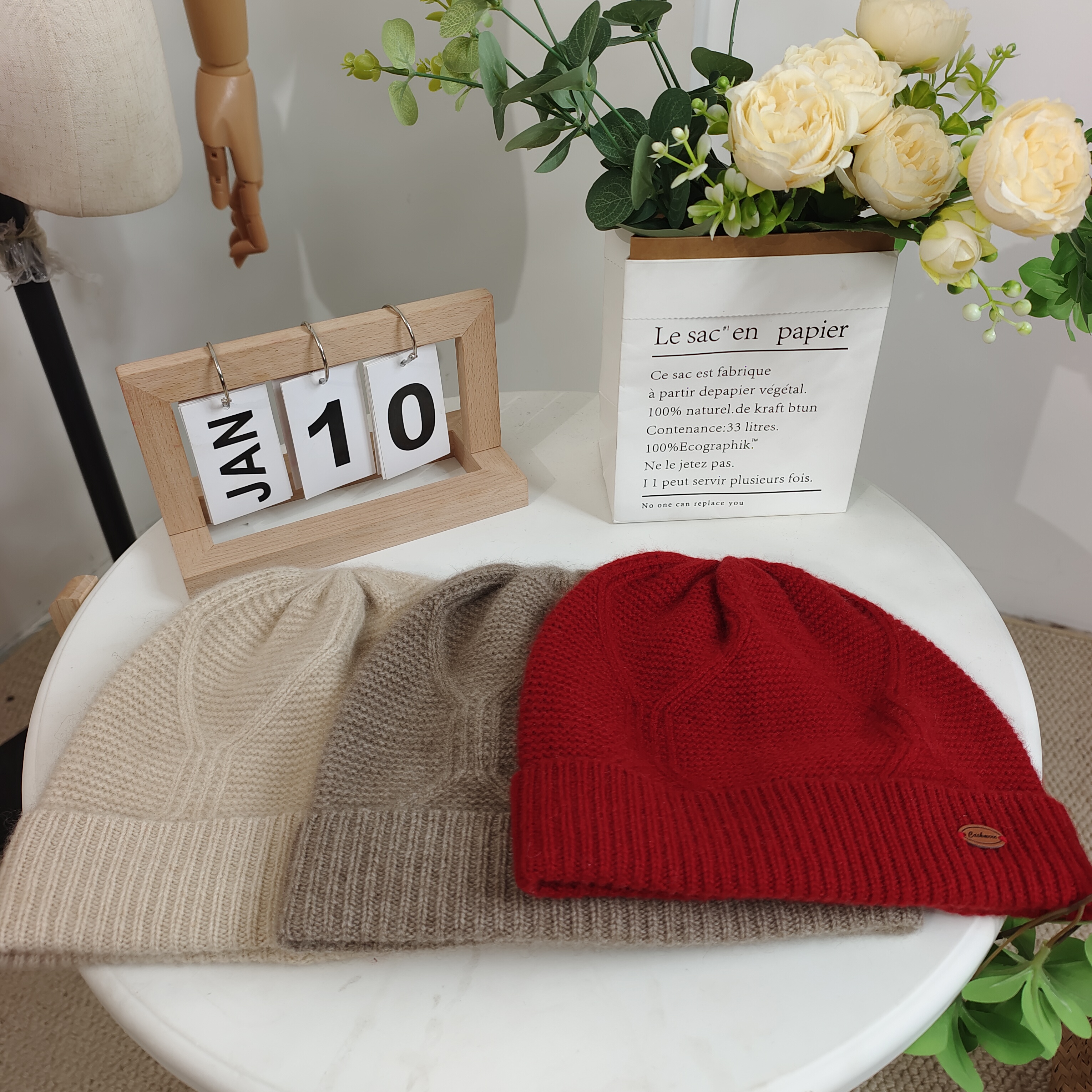 新粉浮力～26支纯山羊绒双股单层包头帽如意帽