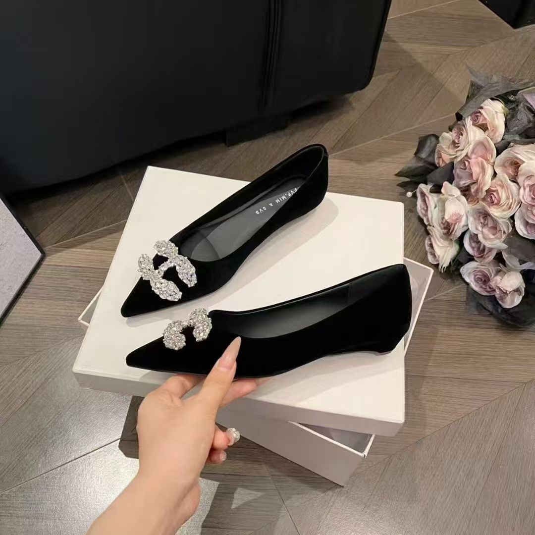 尖头浅口低跟法式平跟秋季单鞋女鞋瓢鞋黑色跟鞋春季