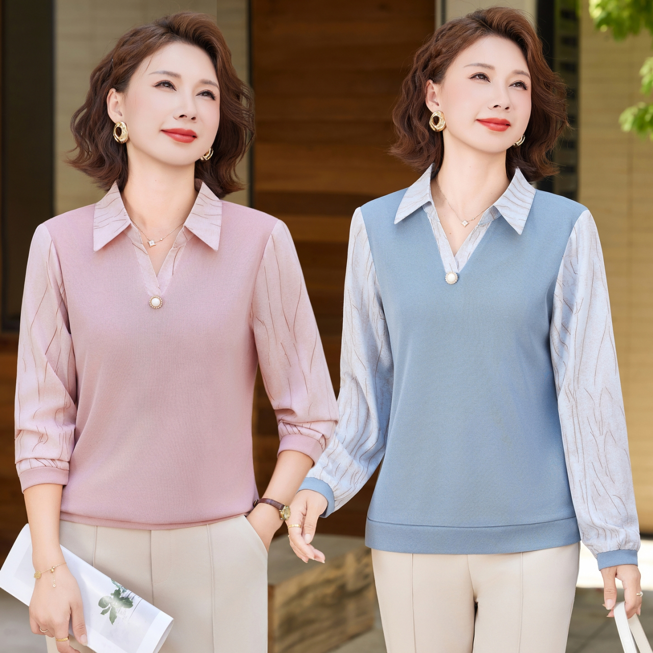 妈妈装春秋装中老年新款时尚女宽松舒适休闲翻领长袖上衣打底衬衫