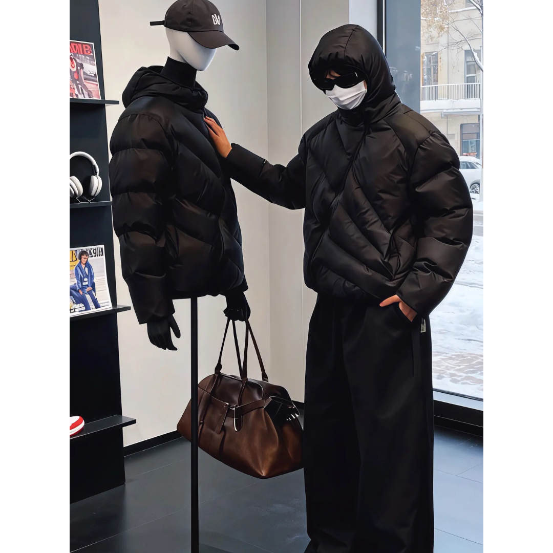 斜拉链连帽排骨轻量化棉服外套男冬季黑色百搭棉衣潮牌设计感棉袄