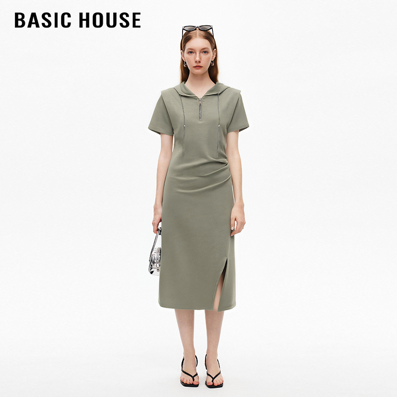百家好/Basic House开叉短袖连衣裙女韩版休闲运动时尚长裙夏2024