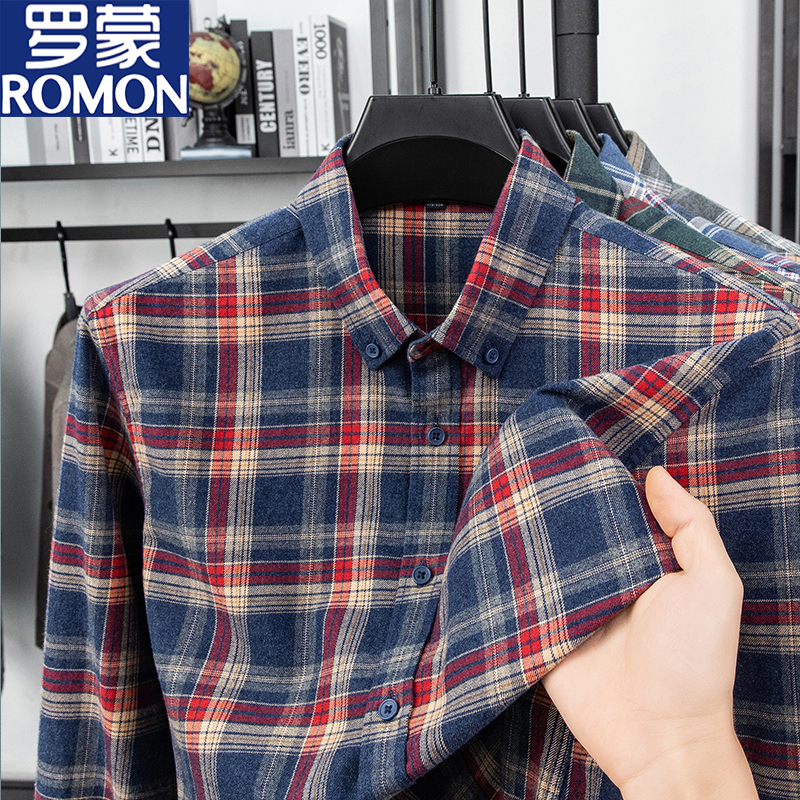 罗蒙品牌秋季新款磨毛格纹纯棉衬衫上衣复古百搭长袖格子男士衬衣