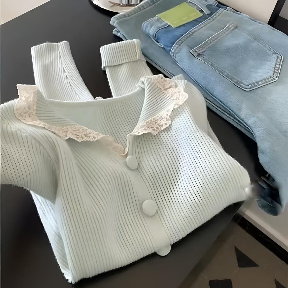 秋冬韩版气质蕾丝拼接娃娃领长袖针织衫毛衣女甜美减龄打底衫上衣