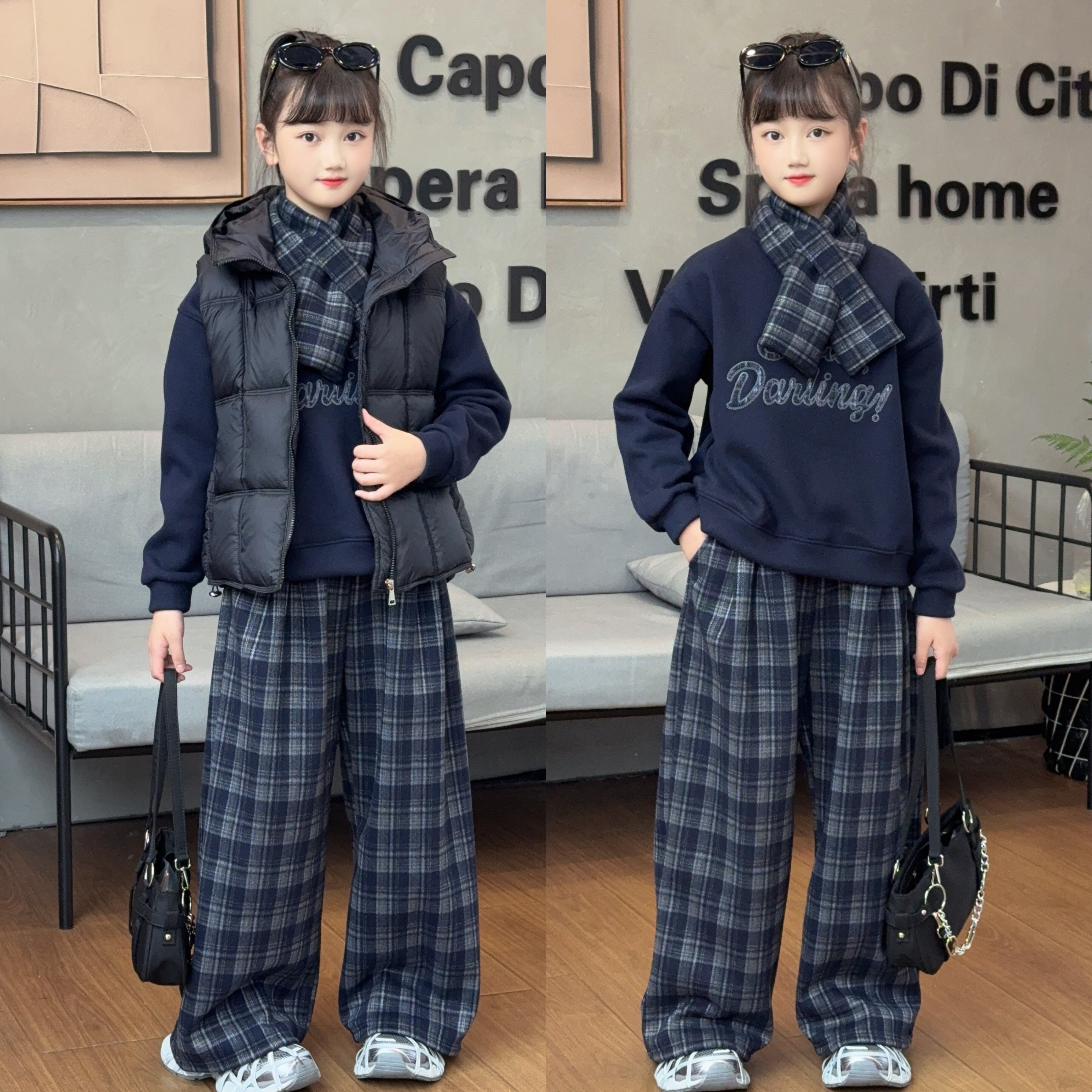 女童加绒卫衣格子裤套装2025新款中大童女孩洋气加厚休闲韩版穿搭