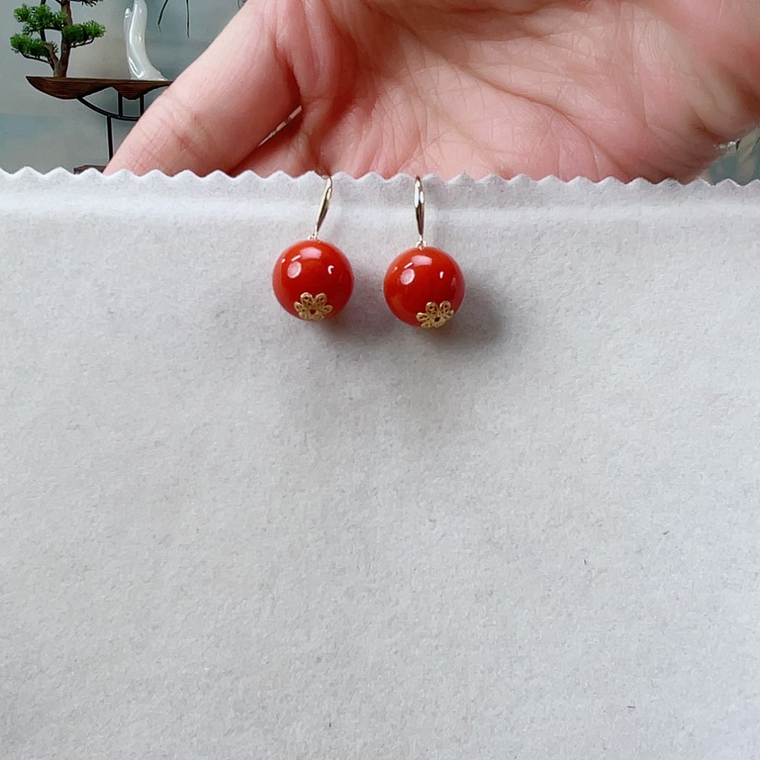 南红玛瑙耳饰18K金镶嵌南红13