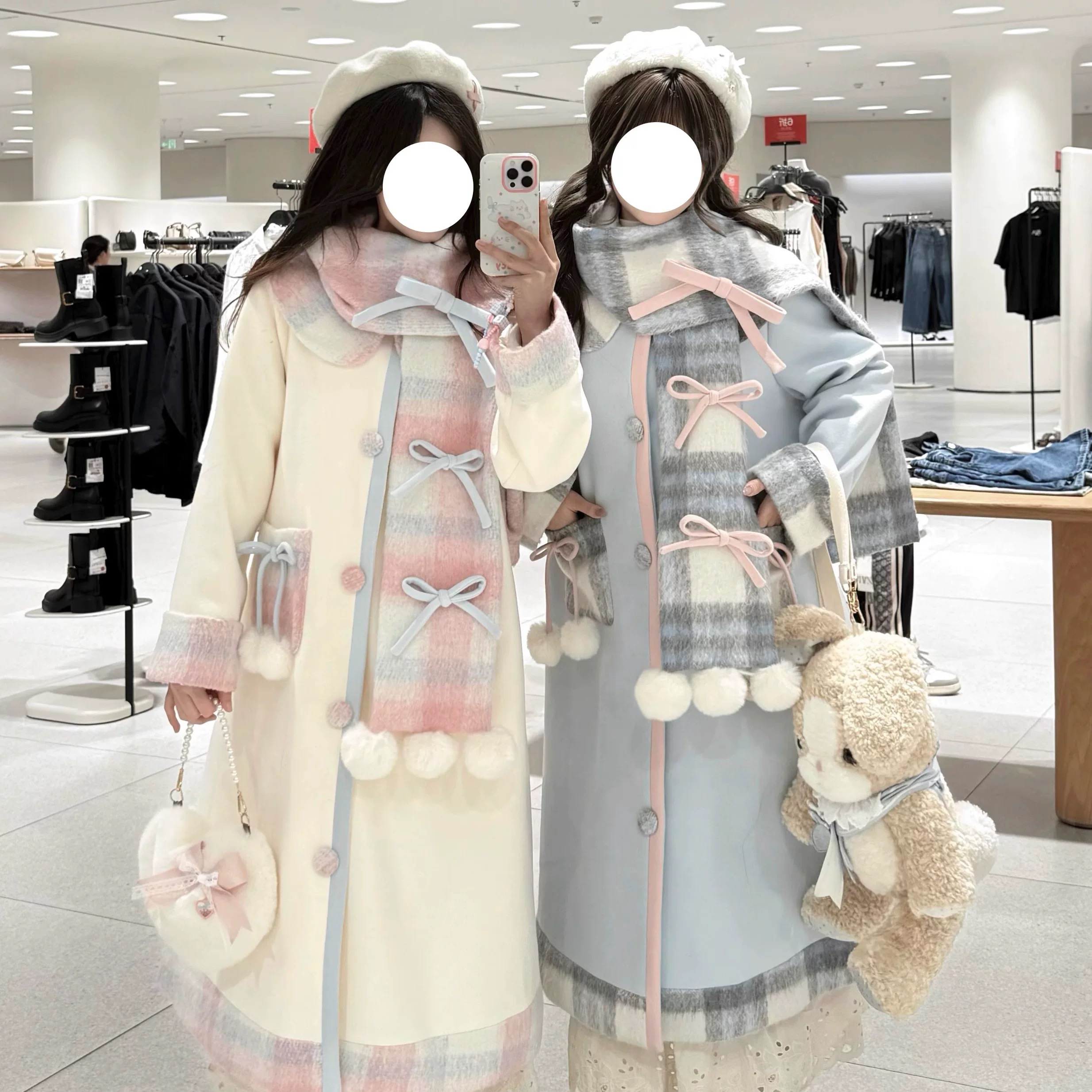 【安心推荐】秋冬可爱蝴蝶结格子甜美少女围巾毛呢长款大衣