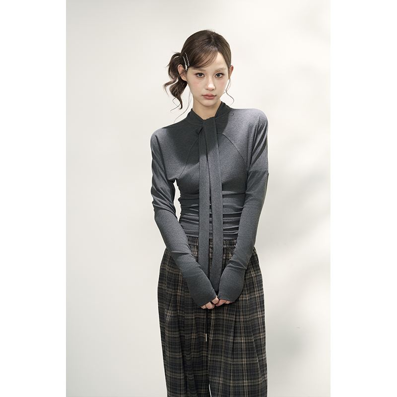 AXIA 修身针织衫女秋冬季掐腰打底长袖T恤收腰飘带设计感外穿上衣