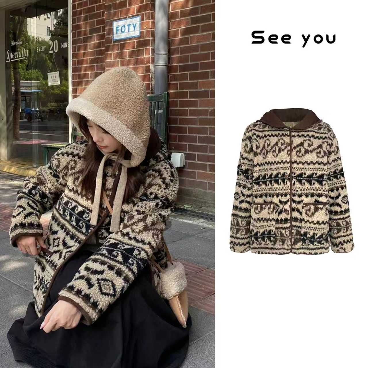 冬日美式复古拼接腰花波普夹棉仿羊羔毛外套L1783