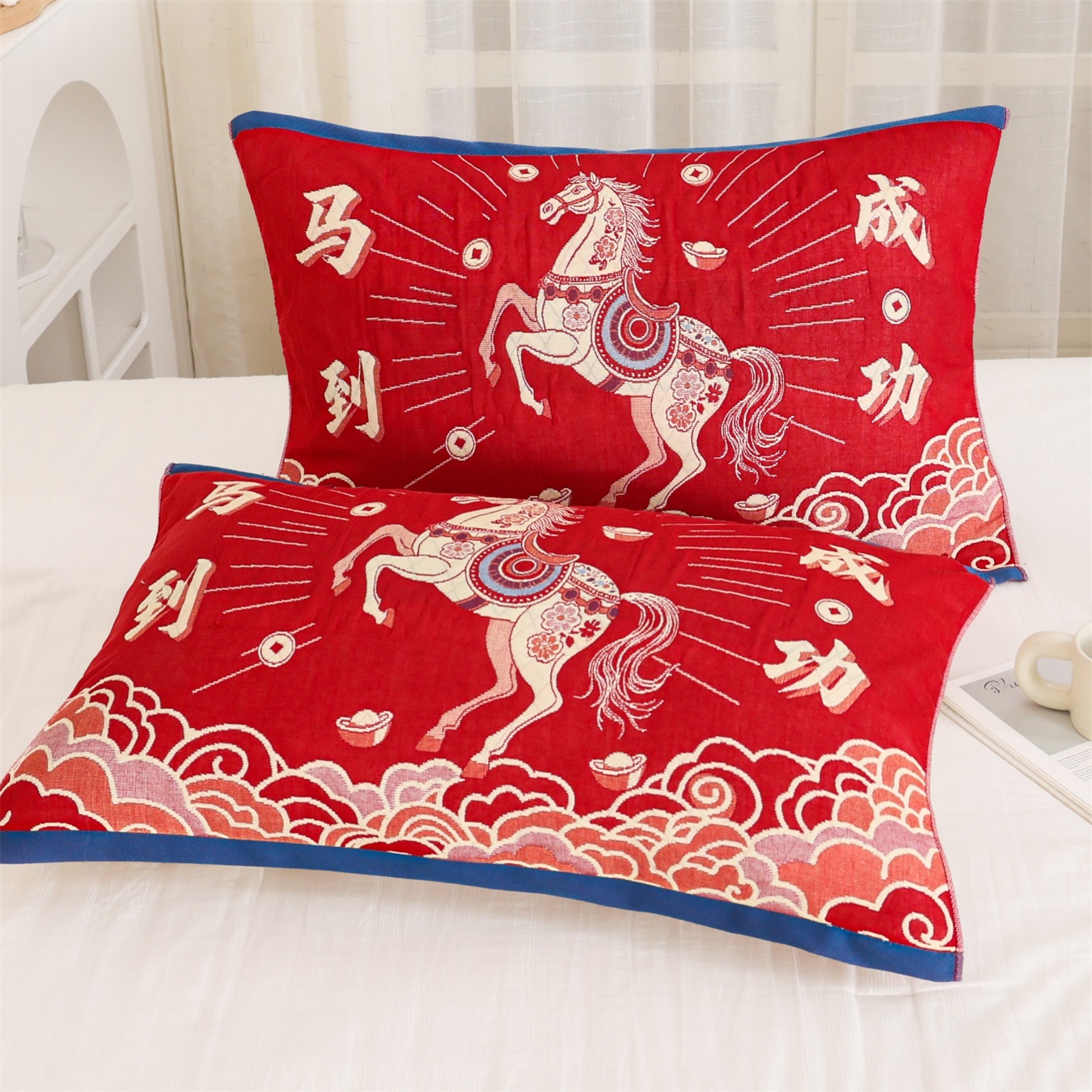 马年本命年红枕巾一对装52*78大号家用红色百福新年枕头巾