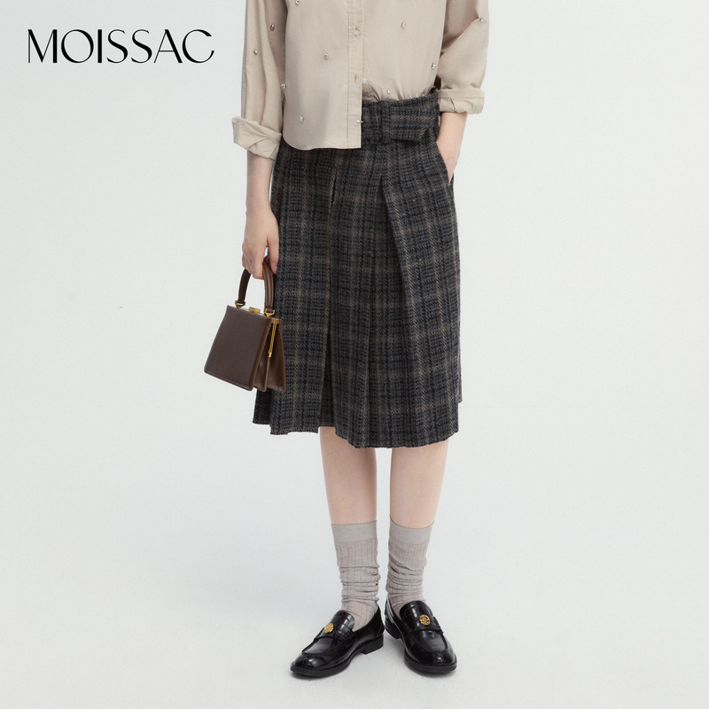 【叶可可专属】MOISSAC冬新款粗纺毛料格纹压褶学院风长半身长裙女