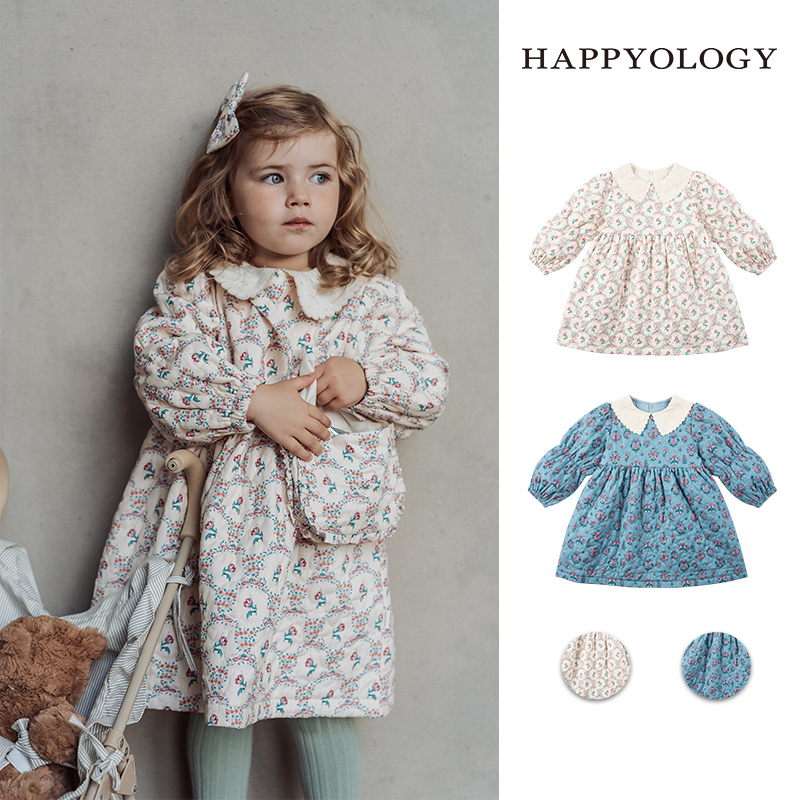 Happyology英国儿童秋冬新款裙子女童翻领绣花童装绗缝印花连衣裙