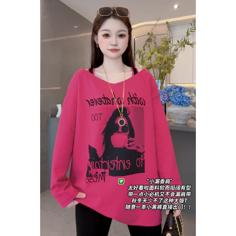 秋季新款双肩镂空显瘦女T恤长袖重工印花设计感休闲宽松长袖t恤女