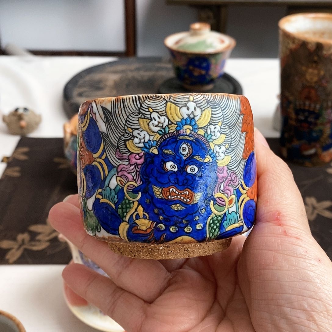 6***6手工手绘六臂大黑天茶杯