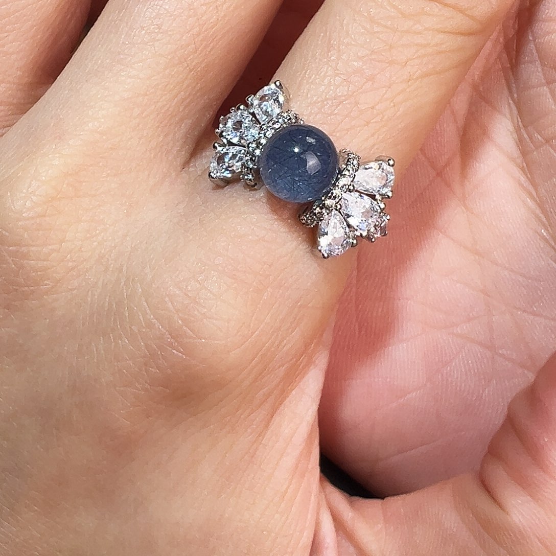 水晶银S925镶嵌戒指蓝钢丝戒指一颗