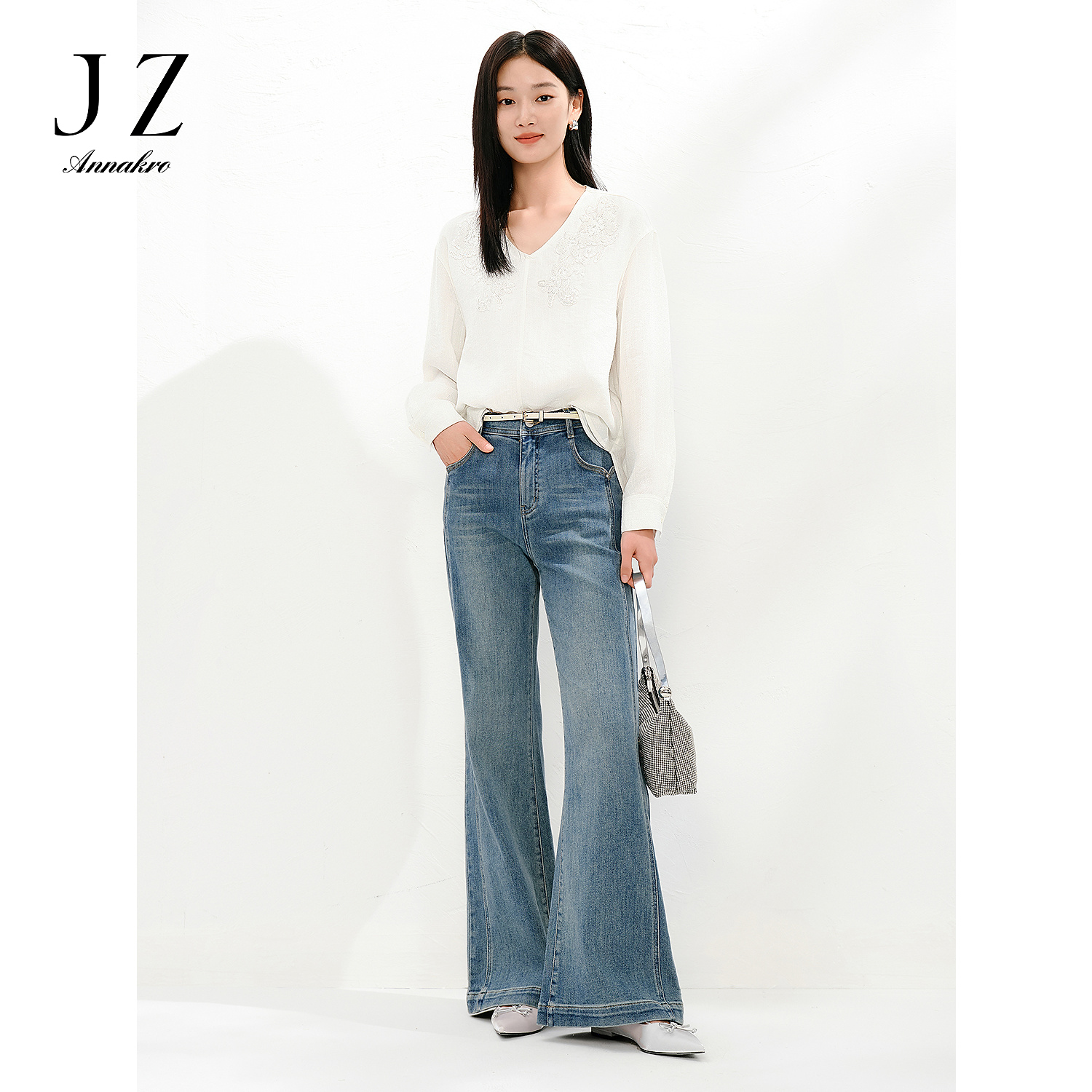 玖姿安娜蔻丹宁风cleanfit宽松直筒牛仔裤女2025春款KWFC121329