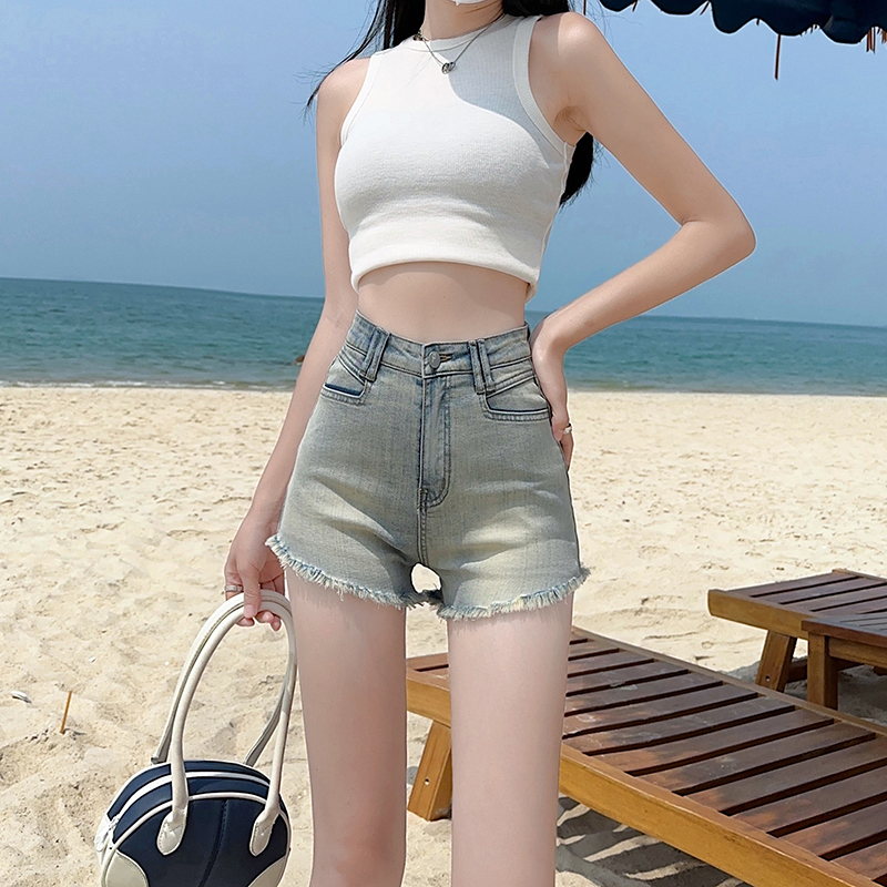 辣妹牛仔短裤女2025夏季新款高腰显瘦百搭紧身弹力毛边热裤