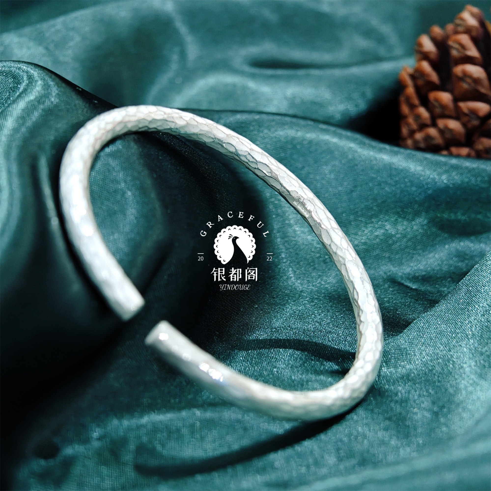 足银手镯 《时光银楼》纯手工锤纹手镯实心手镯简约个性百搭男女款