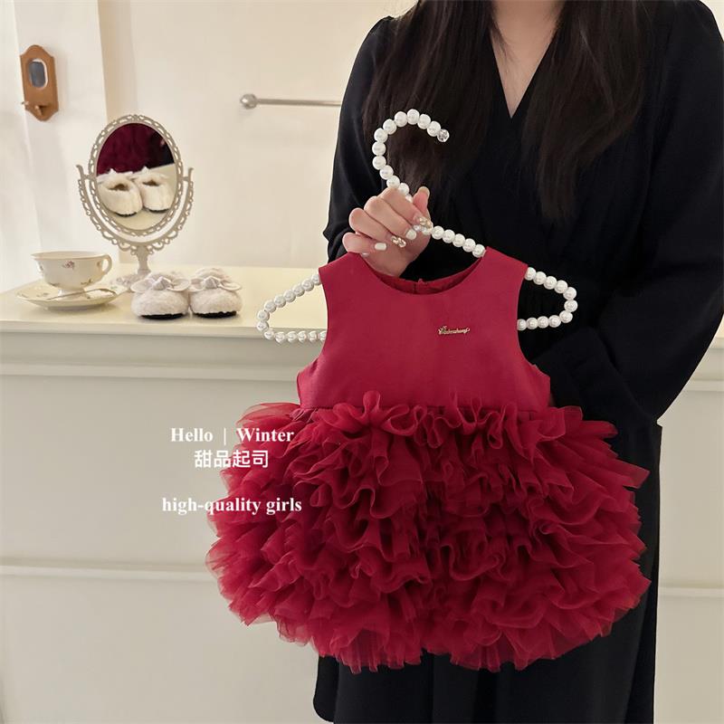女童红色礼服背心连衣裙儿童高端礼服蓬蓬纱蛋糕裙子周岁礼服