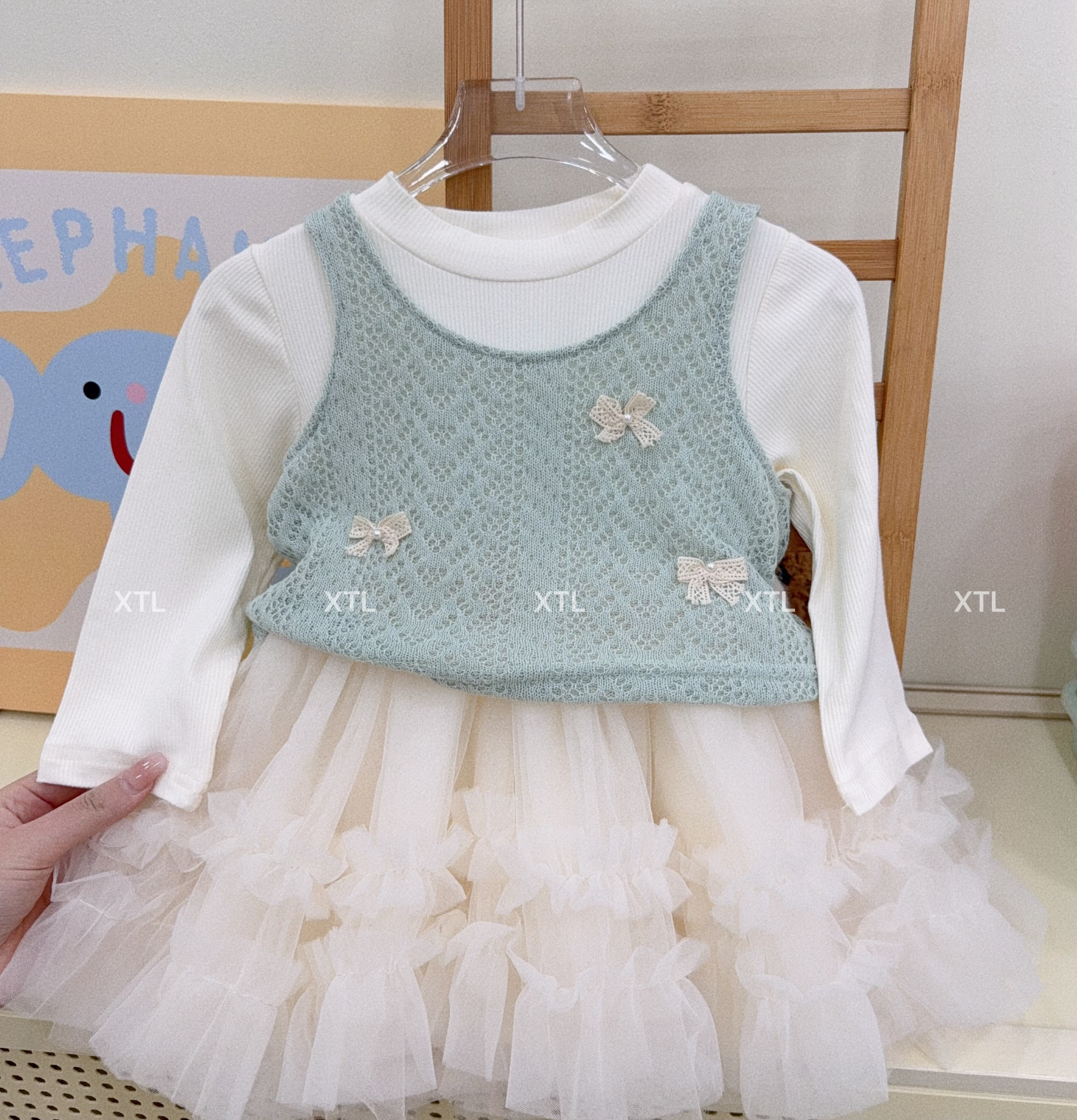 【XTL】2025新春蓝色针织蝴蝶结马甲兔兔群套装2503