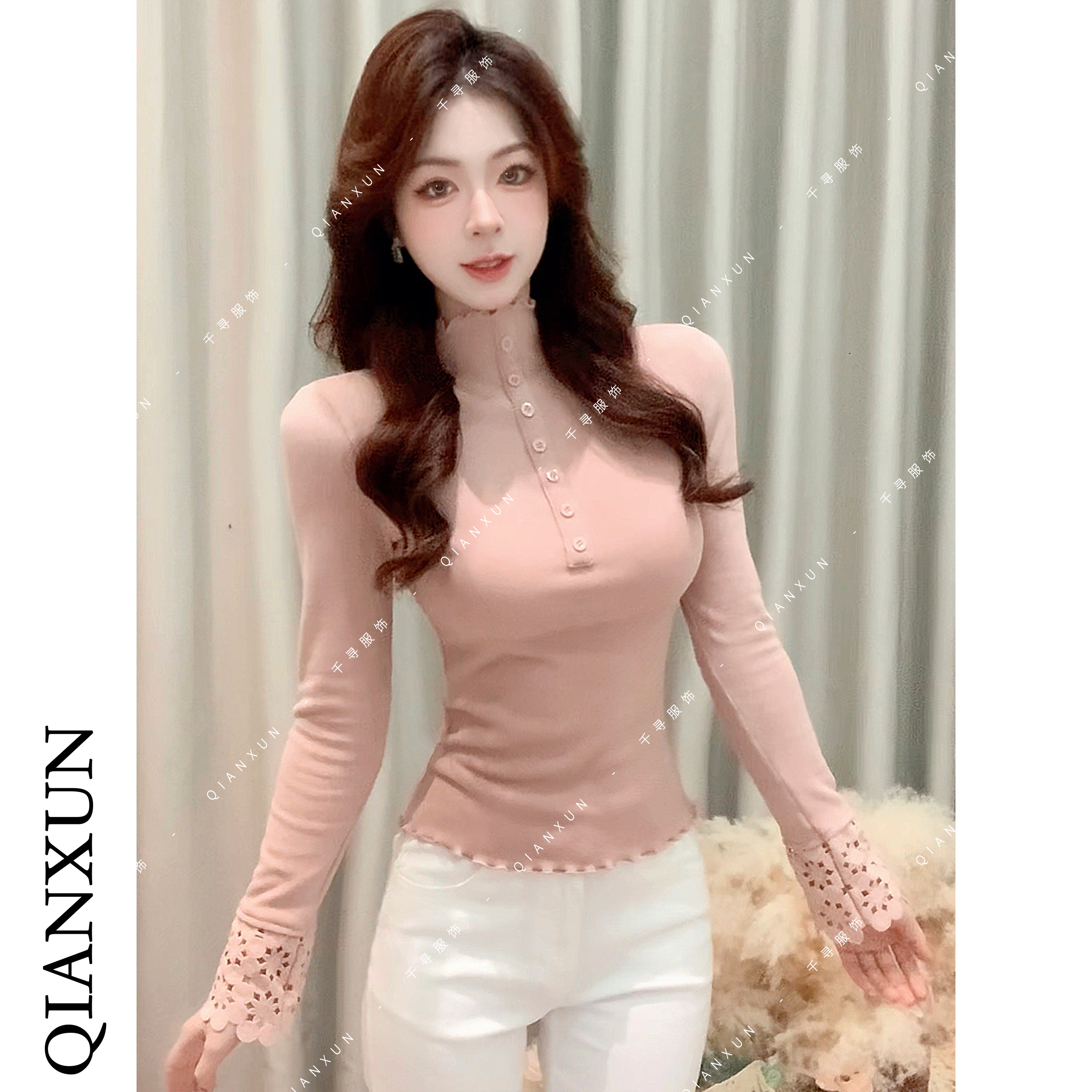 千寻家 秋冬新款百搭显瘦纯色镂空袖子上衣法式拼接打底T恤女635