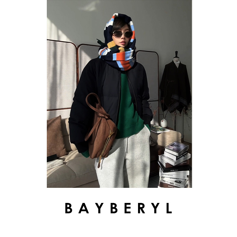  BAYBERYL老贝藏青低奢拼接针织立领百搭冬羽绒服YRF5K0306-11/22