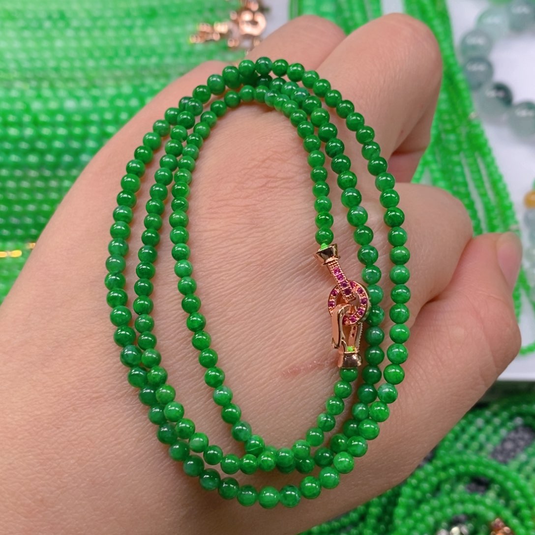 翡翠颈饰未镶嵌辣阳绿小米珠塔链3.4，3.9m' m