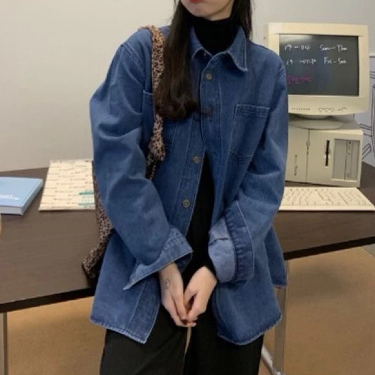 81 港风复古气质纯色简约时尚牛仔衬衫(A01)