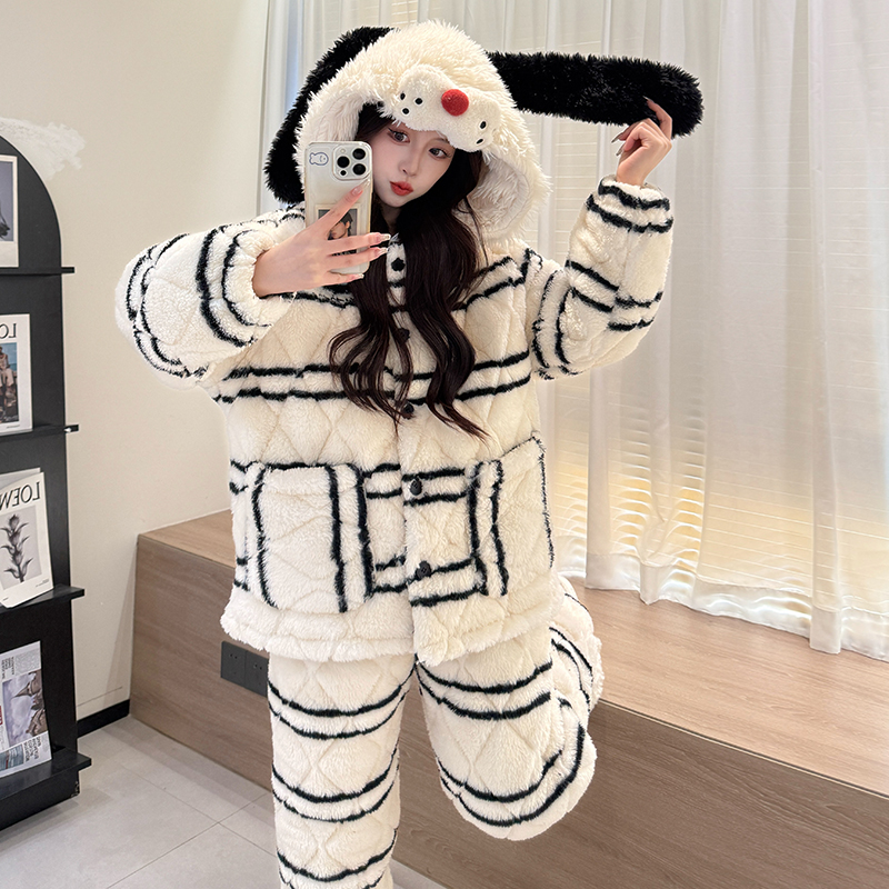 【加加加厚-更保暖】冬季三层夹棉条纹纽扣睡衣套装连帽毛绒家居服