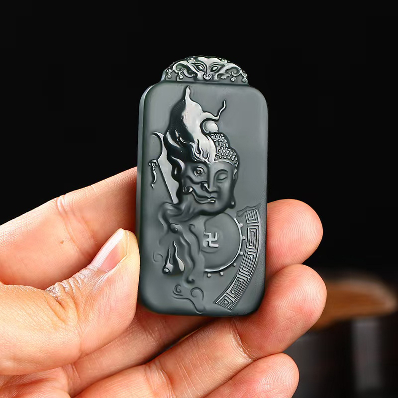 和田玉青玉佛魔一念间双面雕刻男女款玉石吊坠