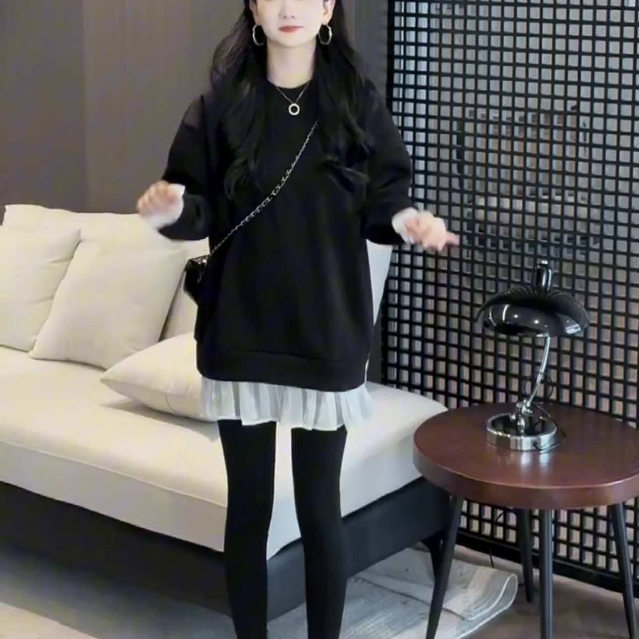 长袖落肩袖中长款卫衣秋装时尚显瘦打底长款假两件